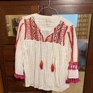 Chico's White Blouse with Red and Pink Accents